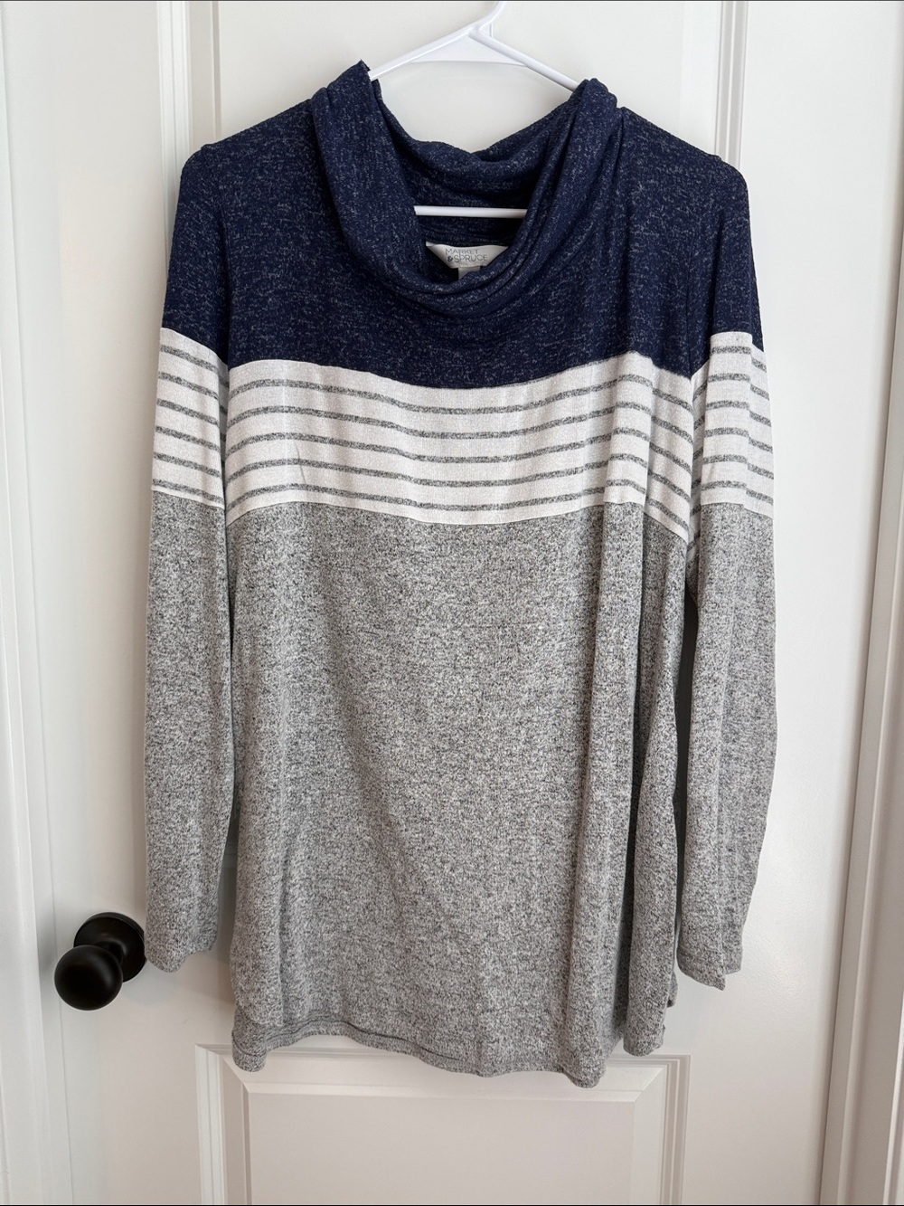 Market & Spruce Navy, White & Gray Cowl Neck Stripe Sweater